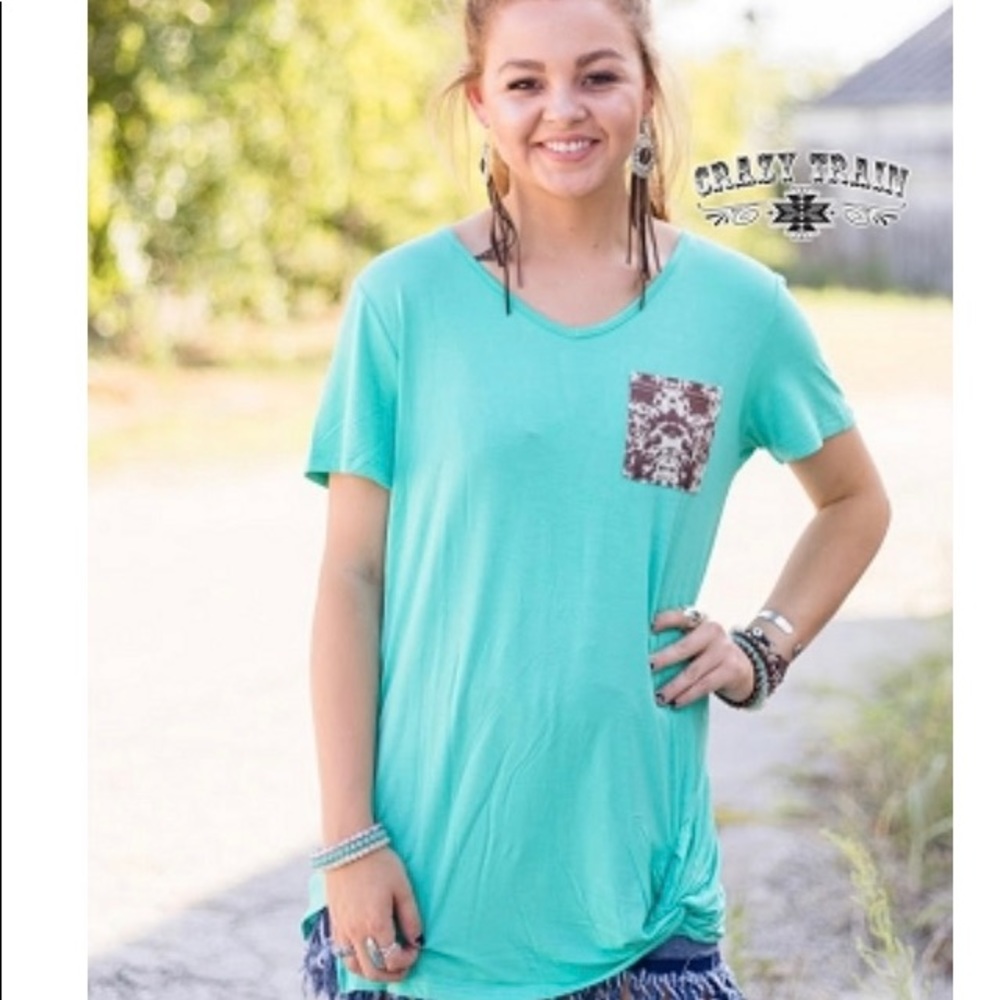 Teal cow print pocket